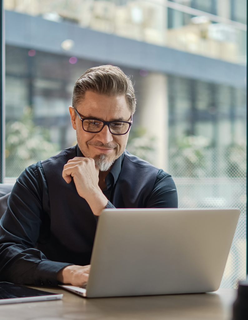person reviewing information on laptop