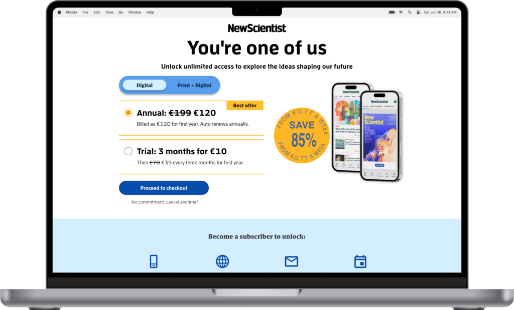 New landing page Exclusive New Scientist subscription offer displayed on a MacBook screen, featuring discounted Digital and Print + Digital plans. The promotion highlights an annual digital subscription reduced from €199 to €120, alongside a 3-month trial for €10. Smartphone previews of the New Scientist app and a “Save 85%” badge appear on the right side.
